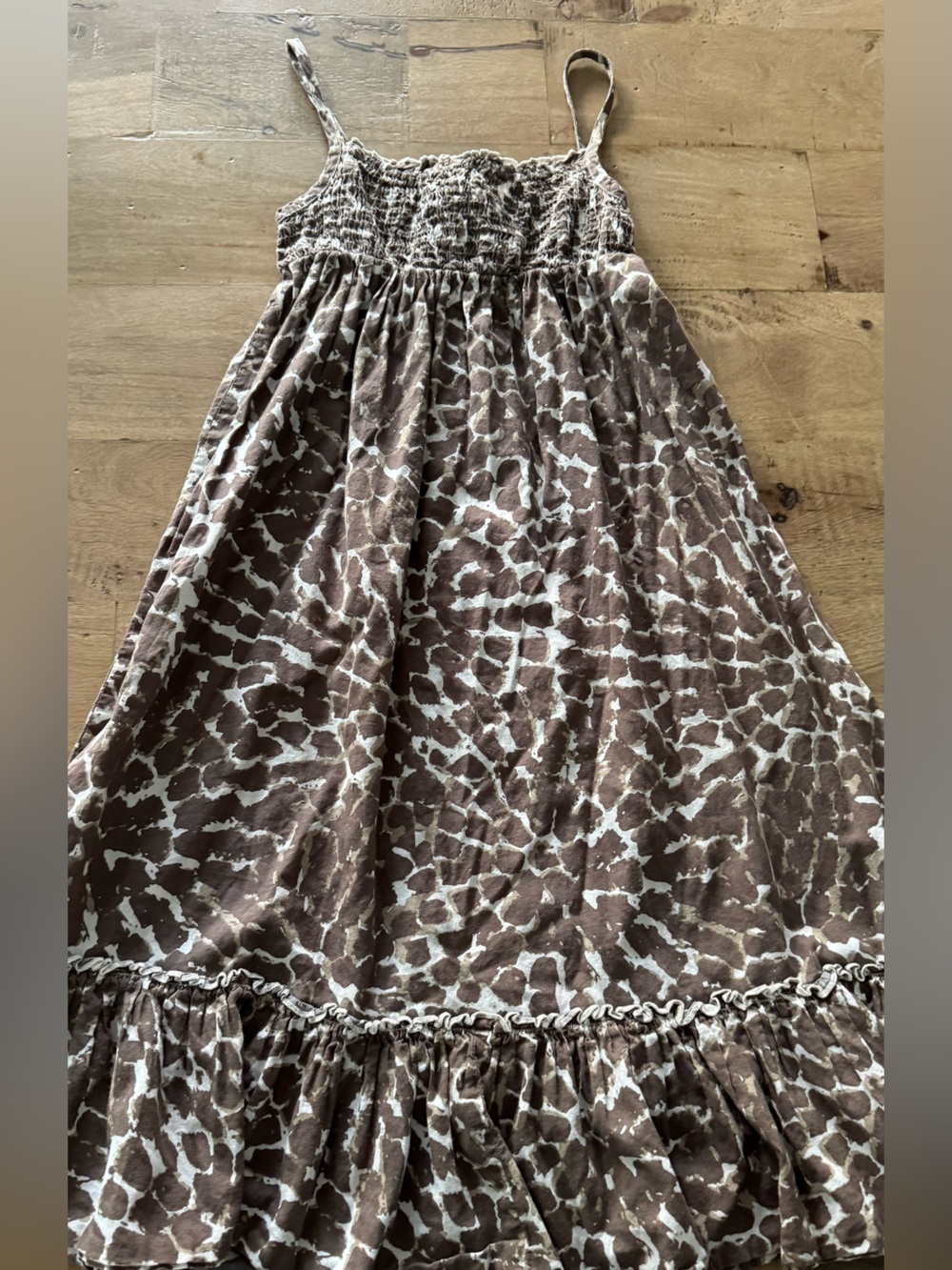 Next Brown Animal Print Smocked Maxi tiered dress sz 6 years